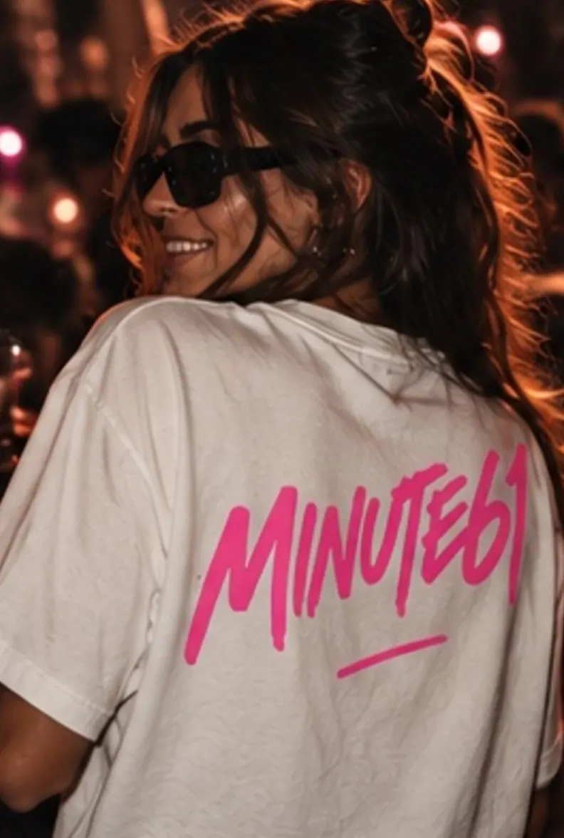 White MINUTE:61 T-shirt worn from behind